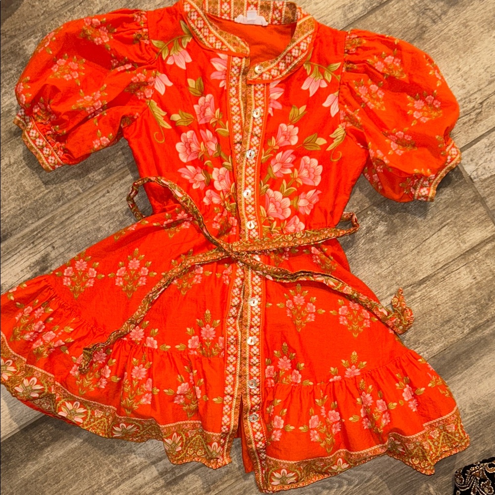 Girls' Bright Orange Floral Tiered Dress with Puff Sleeves